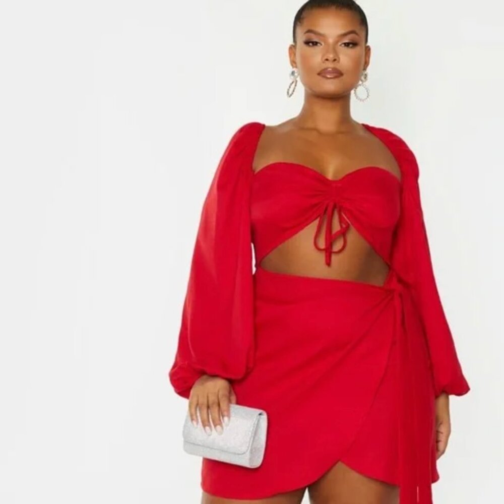 PrettyLittleThing NWT Red Ruched Cutout Bodycon Dress